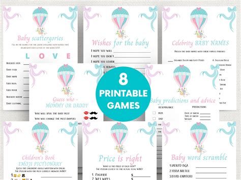 12 Printable Hot Air Balloon Gender Reveal Games: Pink and Blue Theme ...