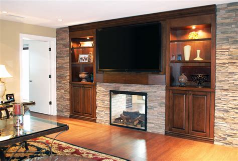 Favored Brown Wooden Fireplace Entertainment Center With Stacked Stones ...