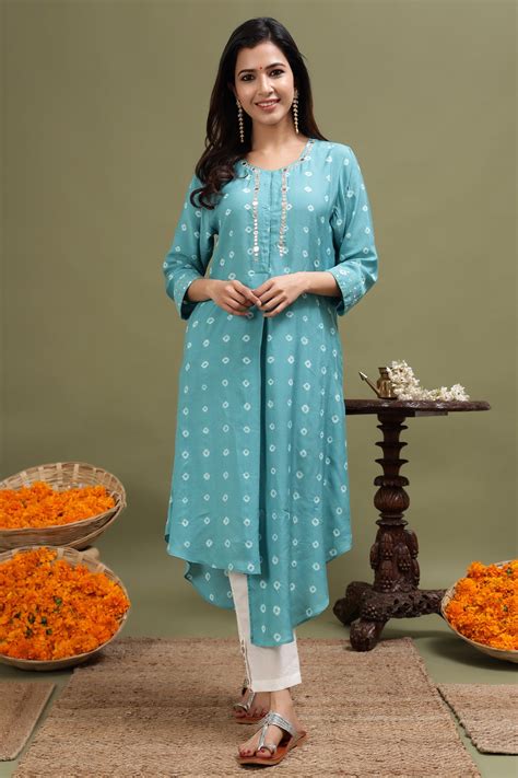 Buy Bandhani High Low Turquoise Kurta from Mayori.in – Mayori Conscious ...