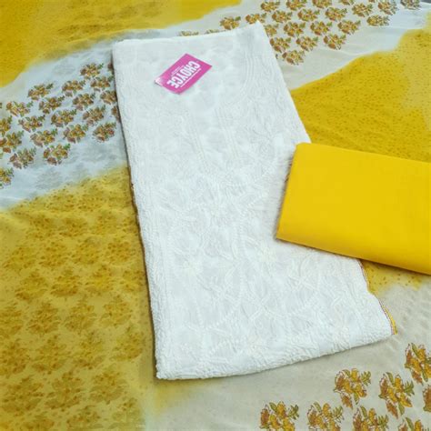 Set 18-17th Feb - Off White & Yellow cotton kurta - Lakhnavi embroidery ...