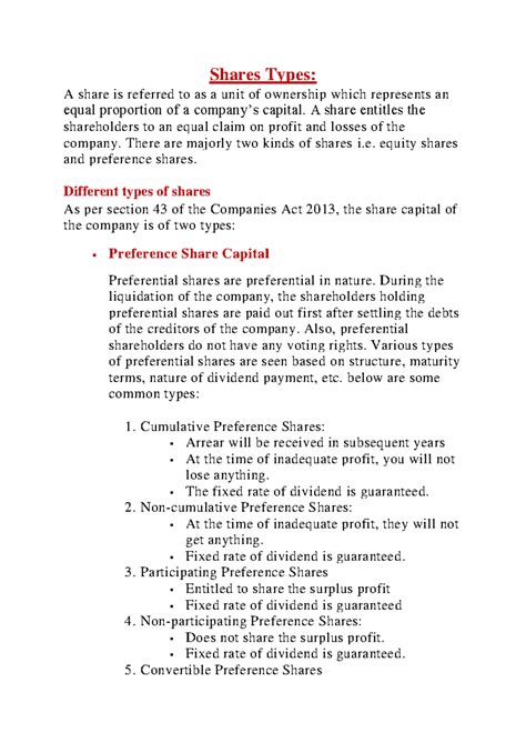 Types of Shares: Equity and Preference Explained - Studocu