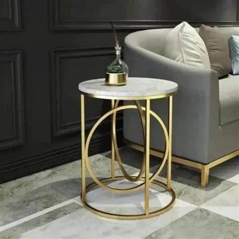 Modern White Marble Round Shaped Side Table with Golden Metallic Side ...