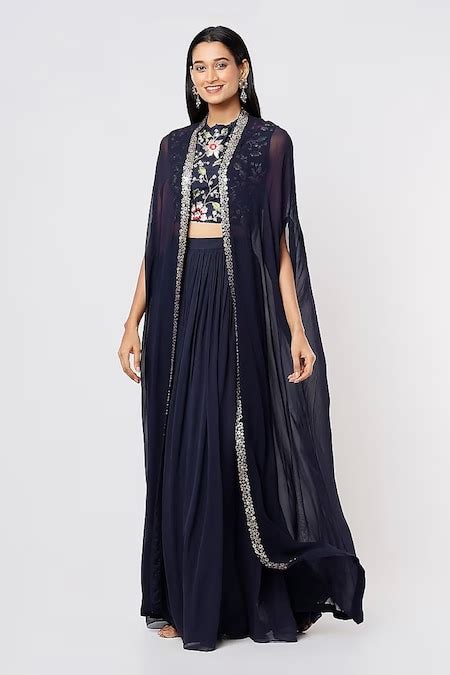 Buy Blue Georgette Sequins Round Embellished Border Cape Pleated Flared ...