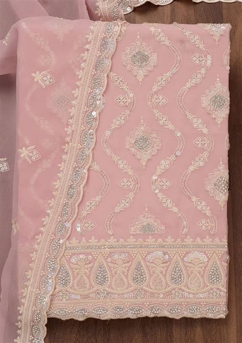 Buy Peach Zariwork Semi Crepe Unstitched Salwar Suit - Koskii