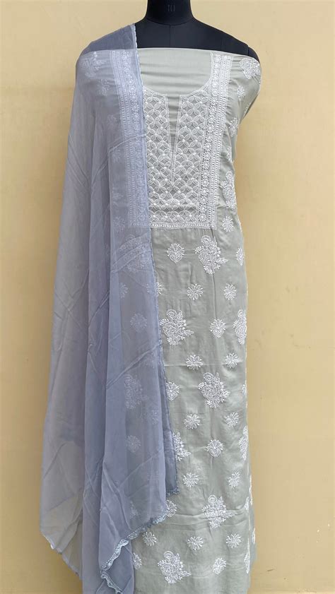 Lucknowi Chikankari Suit Length 3 Piece Gray Mulmul Cotton – Chikirpolo