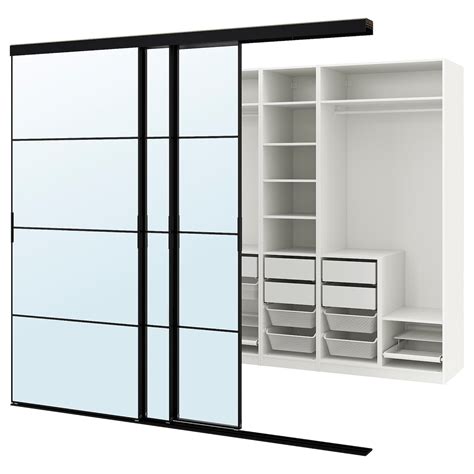SKYTTA / PAX walk-in wardrobe with sliding doors, black/Auli mirror ...