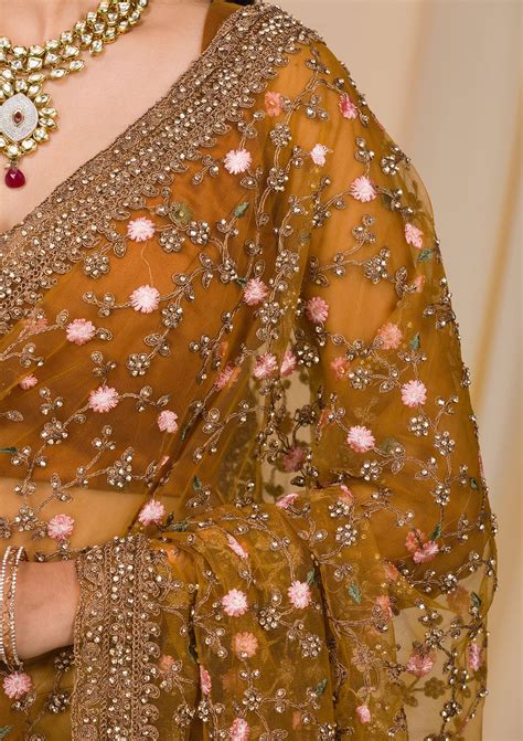 Buy Mustard Stonework Net Saree - Koskii