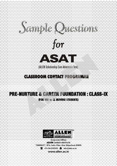 ASAT IX Sample Paper for Pre-Nurture & Career Foundation - Studocu