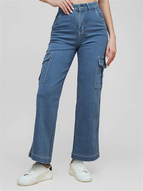Women's Blue Wide-Leg High-Rise Clean-Look Regular Stretchable Denim J