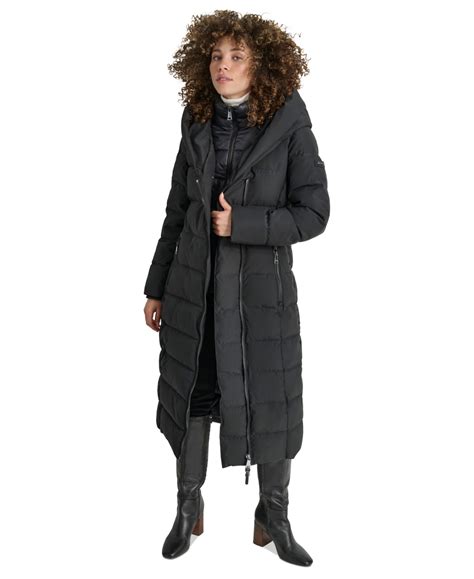Dkny Women's Bibbed Shawl Collar Hooded Puffer Coat In Black | ModeSens