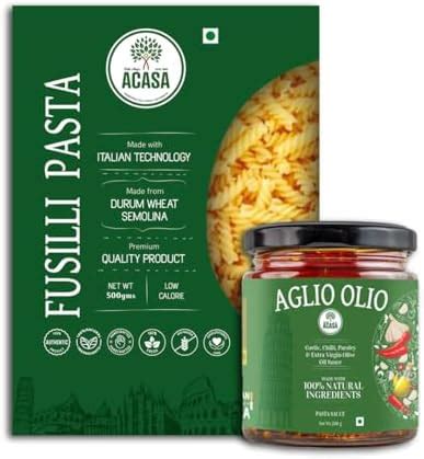 Acasa Fusilli Whole Wheat Pasta 500g & Aglio Olio Sauce 200ml Combo ...