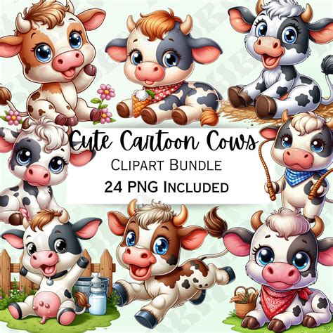 24 Cute Cartoon Cows Clipart Bundle, Bull Stickers, Adorable Wall Art ...