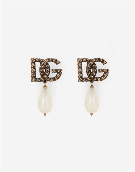Drop earrings with teardrop pearl and DG logo in Gold for Women | Dolce ...