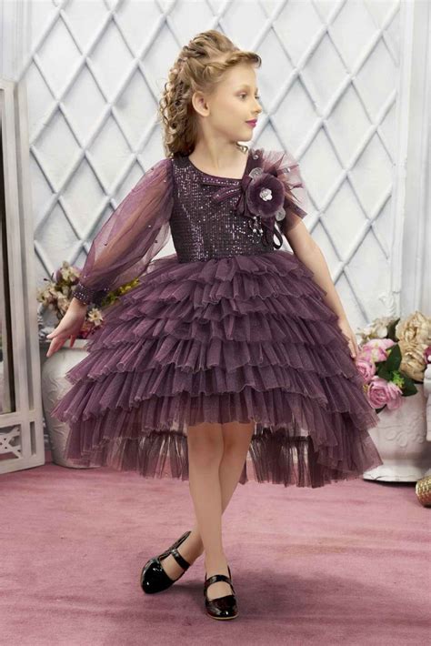 Wine Sequins And Pearl Work With Floral Embellished Frock For Girls ...