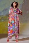 Buy Multi Color Silk Printed Abstract V Neck Majida Kaftan Tunic For ...