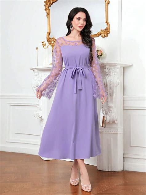 Modelyn Contrast Mesh Flare Sleeve Belted Dress | SHEIN USA