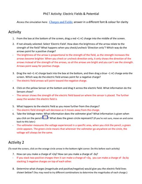 Ph ET Activity Charges and Fields - PhET Activity: Electric Fields ...