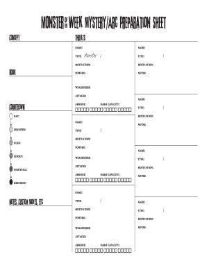 Monster of the Week Mystery Arc Preparation Sheet - Blank Fillable ...