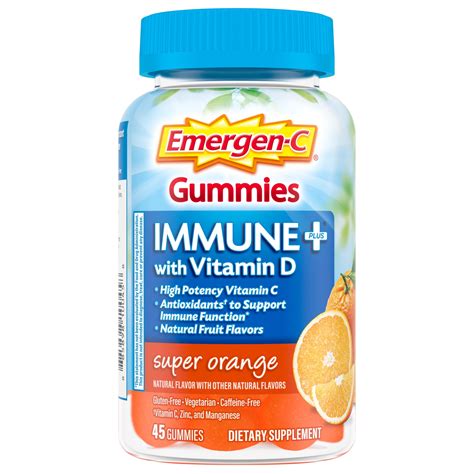 Emergen-C Immune Plus Vitamin D and C Immune Gummies, Super Orange, 45 ...
