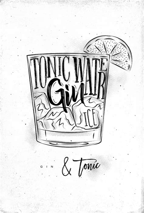 Gin tonic cocktail with lettering | Premium Vector