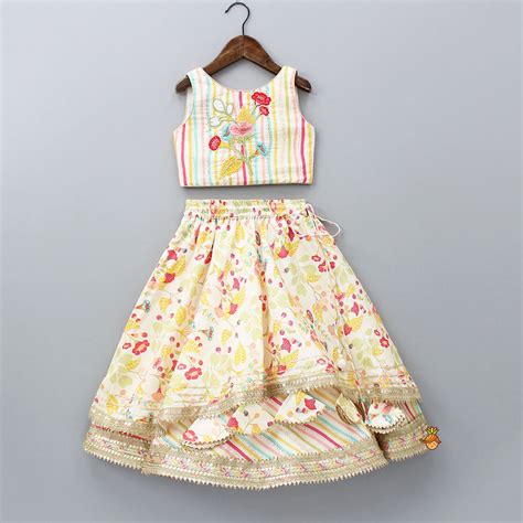 Pre Order: Multicolour Embroidered Top And Floral Printed Layered Lehe