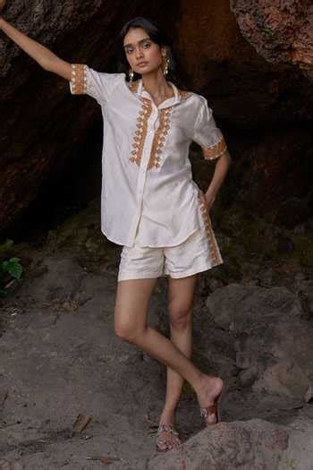 Buy Off White Shawl Neck Embroidered Shirt And Shorts Co-ord Set For ...