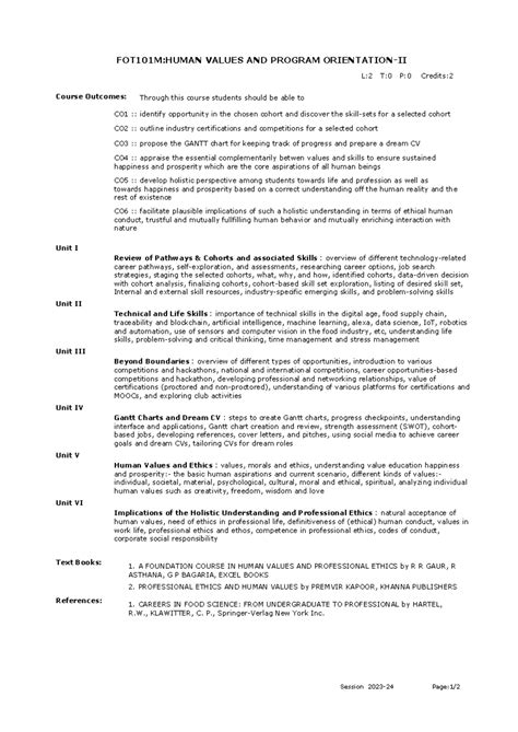 FOT101 - Human Values & Program Orientation II: Course Overview and ...