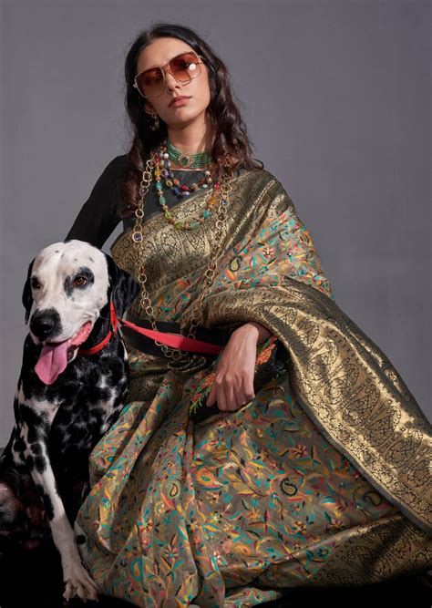 Shop Kashmiri Banarasi Fusion Handloom Silk Grey Black Saree Online ...