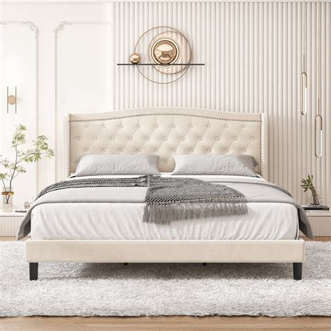 Homfa King Bed Frame, Modern Bed Frame with Wing-Back Button Tufted ...