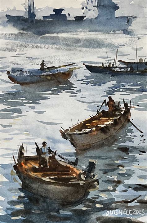 "Boat 7": Steel Grey Seascape painting by Amol Dubhele – ArtZolo.com