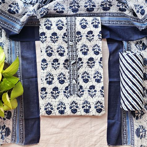 DIYA - Pure Cotton White with Blue Flower Lace nack Design – Sanskruti