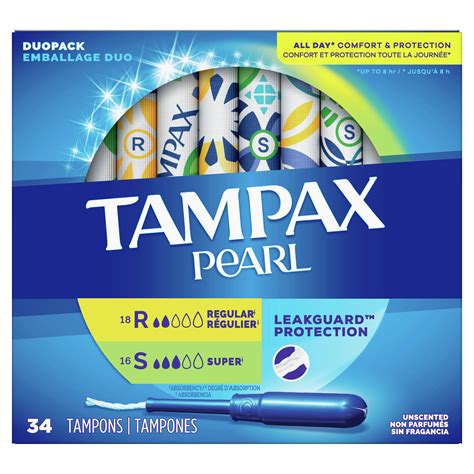 Tampax Pearl Tampons Duo Pack, Regular/Super Absorbency, Unscented ...