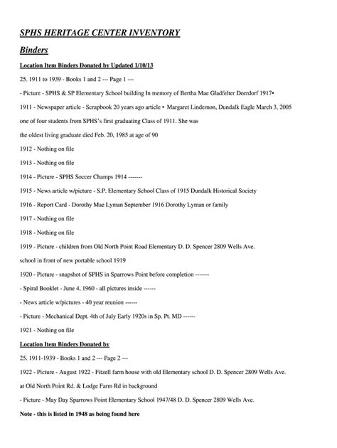 Fillable Online SPHS HERITAGE CENTER INVENTORY Binders Fax Email Print ...
