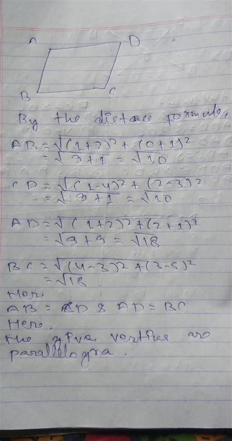 Show that the following four points form a parallelogram:(-2,-1), (1.0 ...