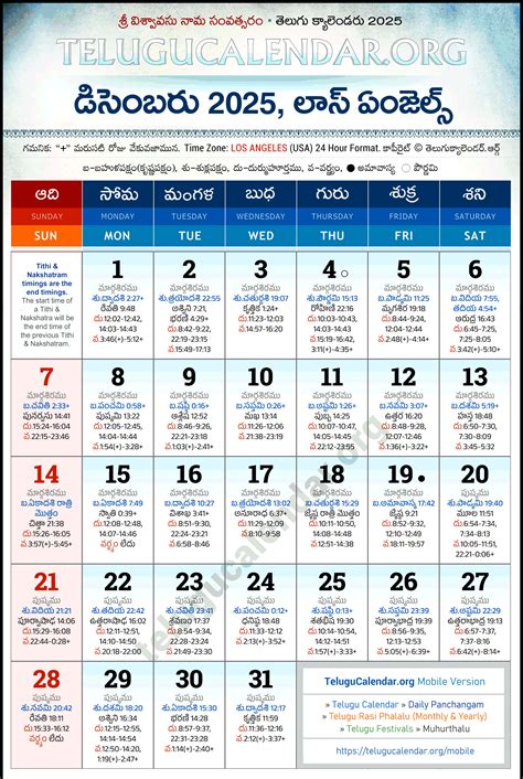 Los Angeles Telugu Calendar 2025 December PDF Festivals