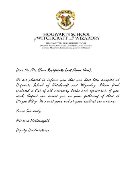 Free Printable Harry Potter Hogwarts Acceptance Letter Templates [PDF ...