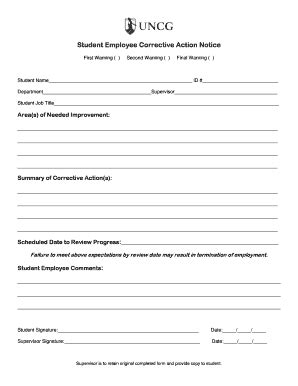 Student Employee Corrective Action Notice - Blank Fillable Template ...