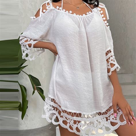 Wycnly Dresses for Women 2025 Sexy Lace Trim Cold Shoulder Beach Cover ...
