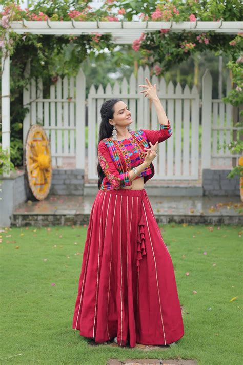 Maroon Navratri Special Roman Fabric Lehenga Set with Kutchi