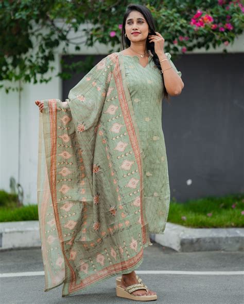 Sage Blossom - Semi Tussar Top & Dupatta Set, | Shinu Wears – shinuwears