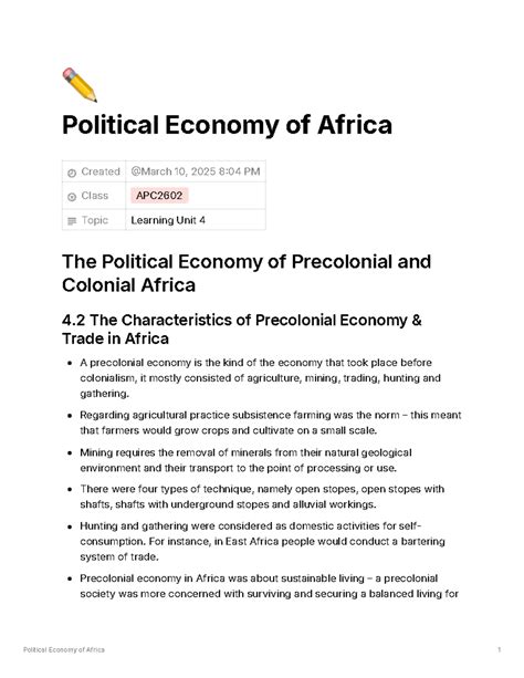 Political Economy of Africa - Political Economy of Africa Created Class APC Topic Learning Unit ...