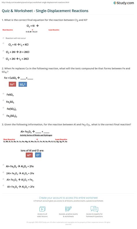 Quiz & Worksheet - Single-Displacement Reactions | Study.com