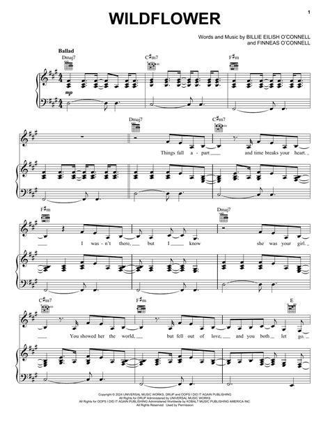 WILDFLOWER by Billie Eilish Sheet Music for Piano, Vocal & Guitar ...