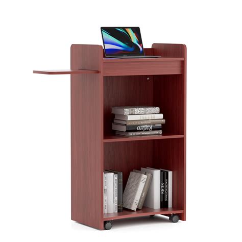 Buy Wood Podium Stand with Wheels & Side Shelf, 45 Inch Portable ...