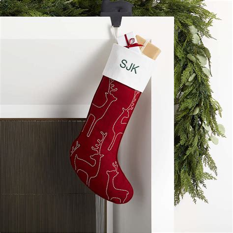 Red Linen-Cotton Blend Embroidered Reindeer Christmas Stocking | Crate ...
