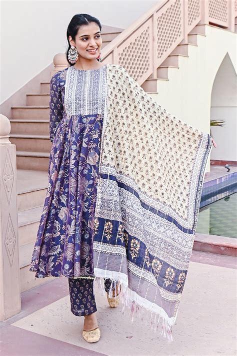 Find Blue Sequins Printed Flared Kurta Set - EverBloom India