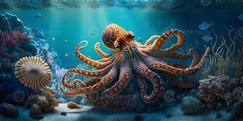 Octopus in Colorful Coral Reef Habitat, 21752315 Stock Photo at Vecteezy