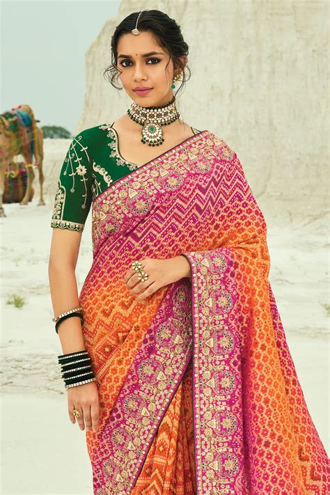 Shop for Orange & Pink Georgette Bandhani Saree Online | Saree Buta ...