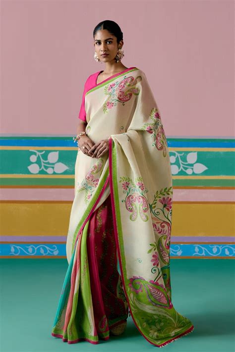 Label Mogra - Ecru Green Paisley Saree - Elahe