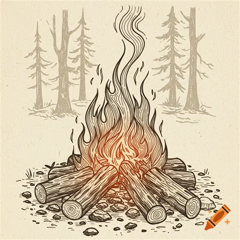 A line drawing of a campfire with logs, rocks, and smoke in front of ...